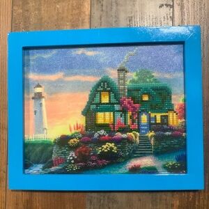 Blue framed diamond art garden house by lighthouse 8x10